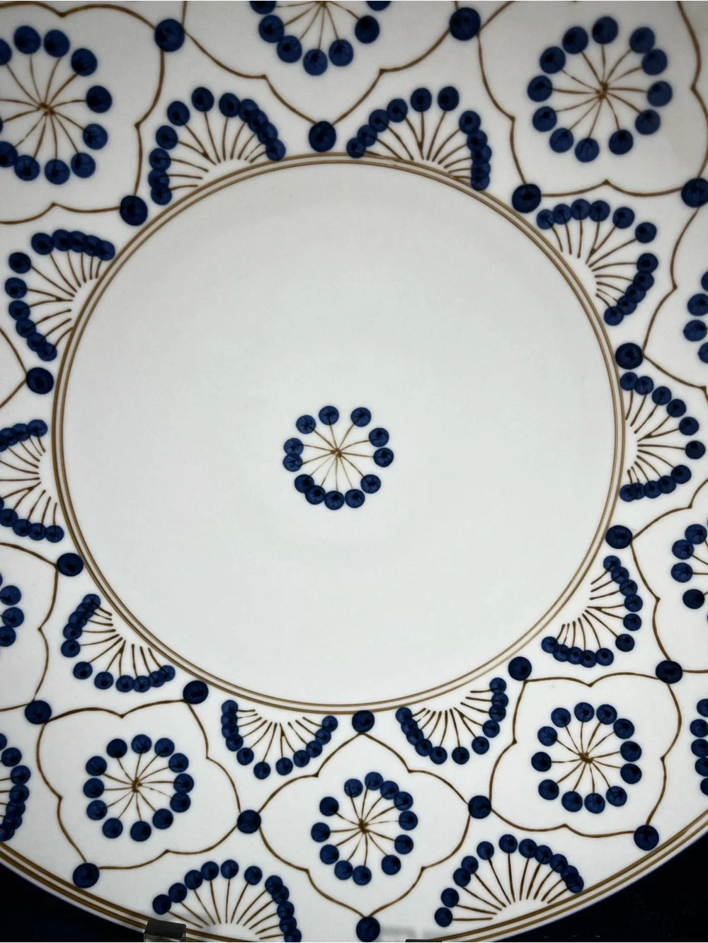 Porcelain Charger Blue Dots, Gold Mosaic Vintage Modern by Thomas O’Brien